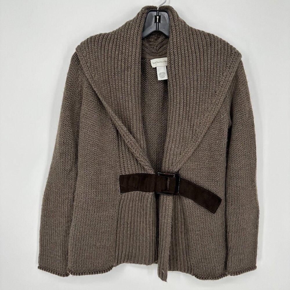 Soft Surroundings Belted Cardigan Sweater XS Chunky Knit Wool Shawl Collar Taupe